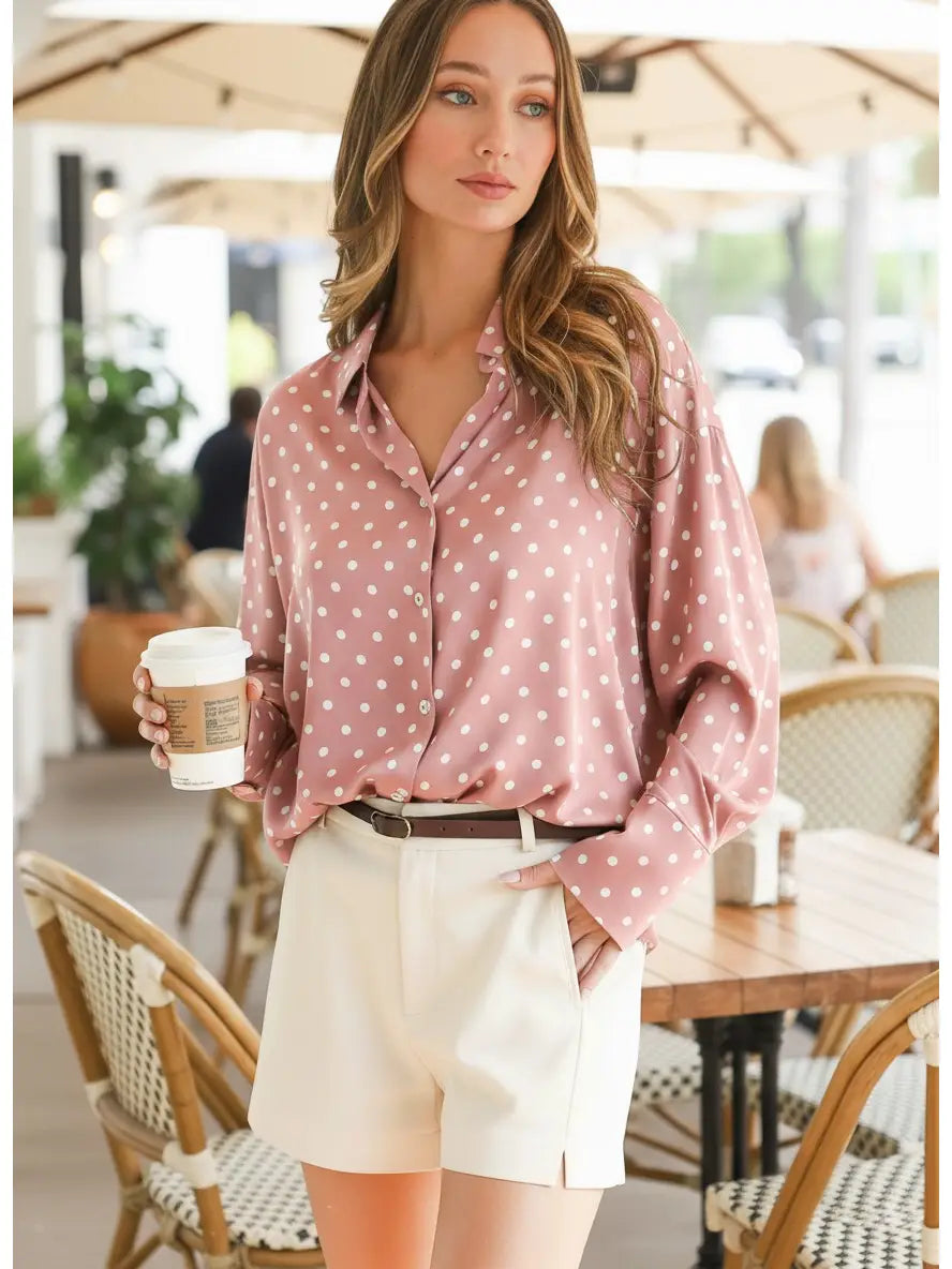 Polka Dot Collared Long-Sleeve Satin Blouse Top 🩷