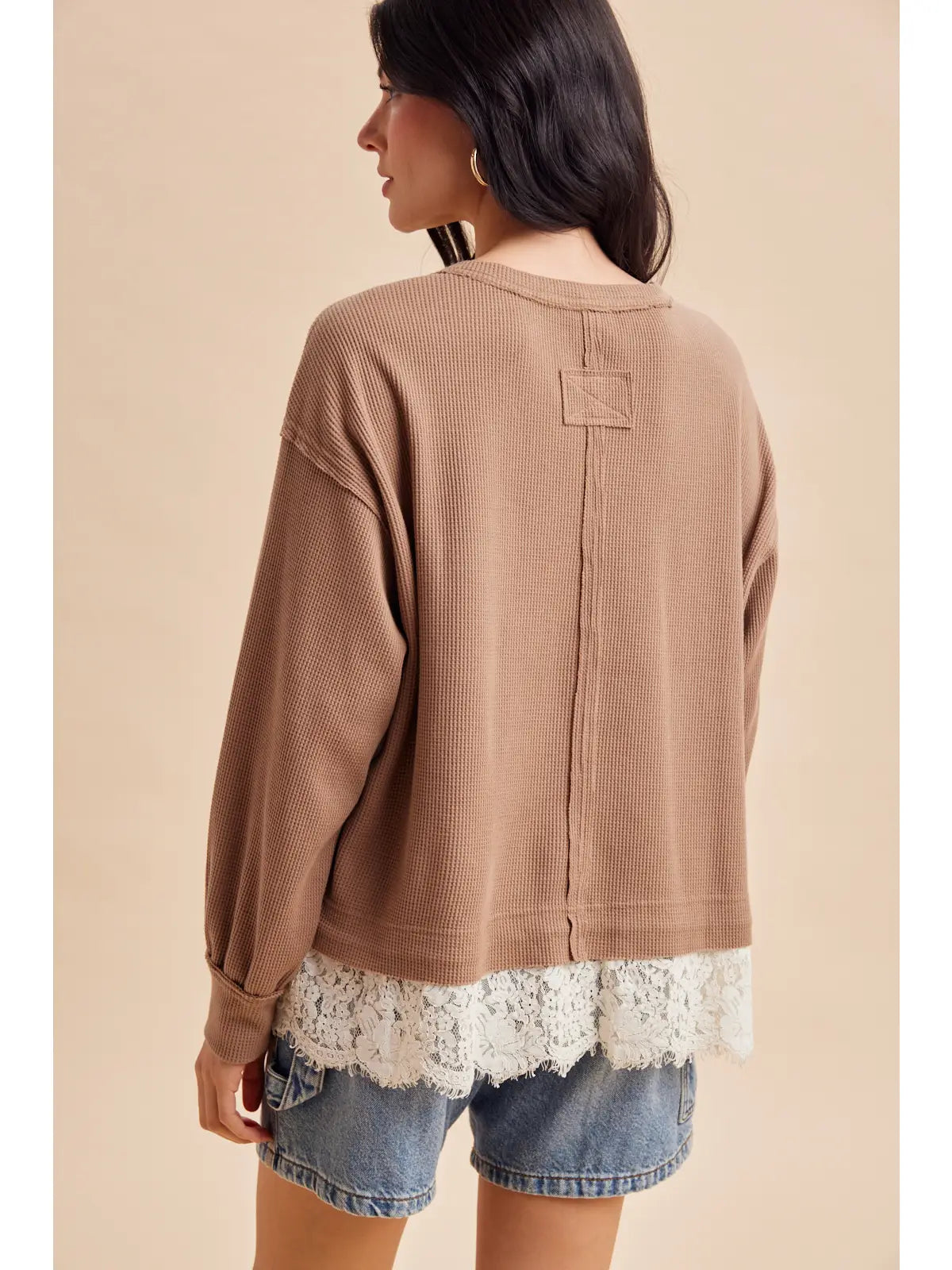 Lace Trim Thermal Knit Top (Latte)