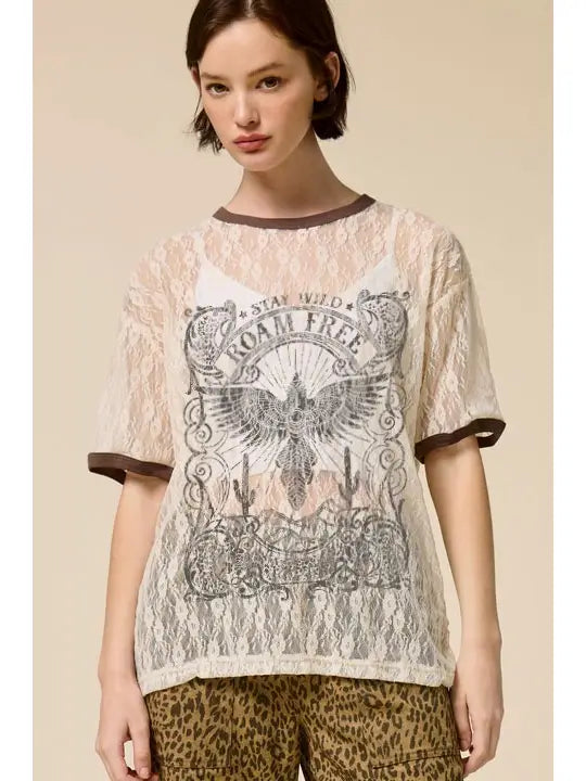 Roam Free Vintage Graphic Sheer Lace Tee