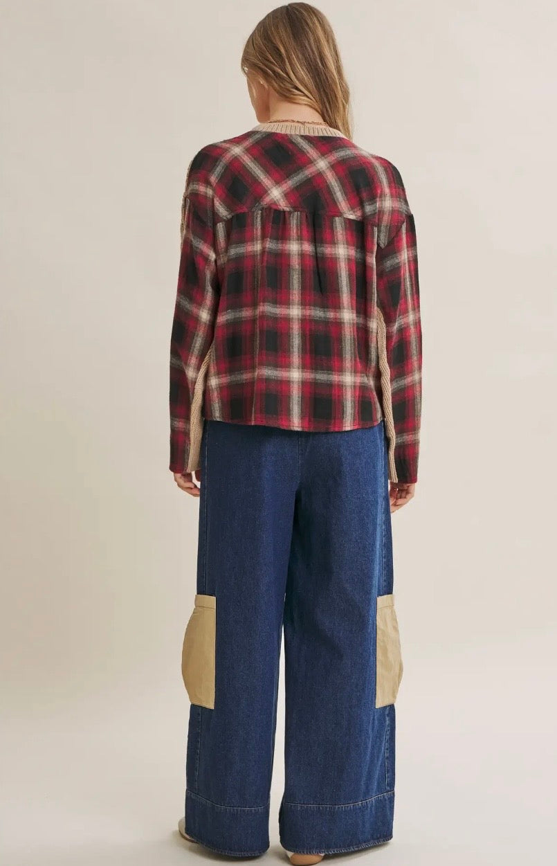 Woodland Plaid Back Mixed Media Cable Knit Sweater Top (Taupe/Red)