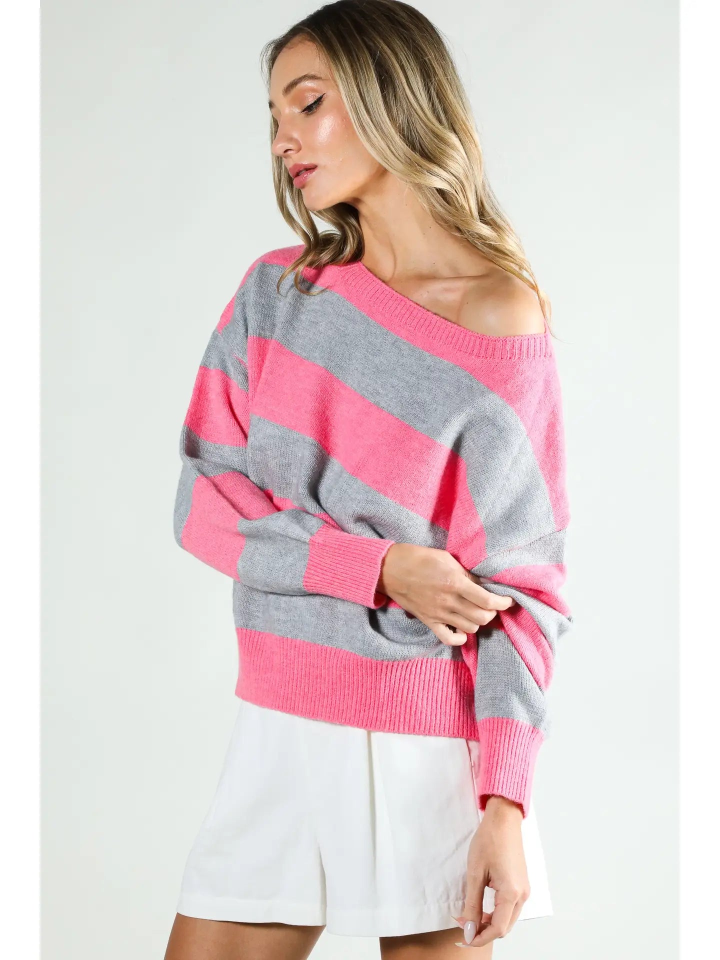 Boat Neck Long Sleeve Stripe Sweater 🩷