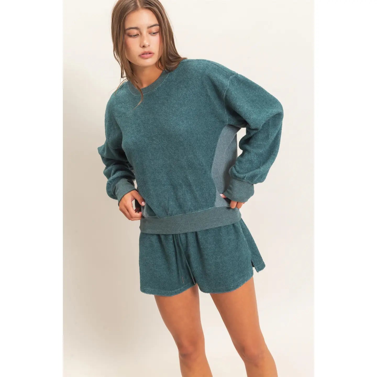 Contrast Sweatshirt & Shorts Set (Dark Teal)
