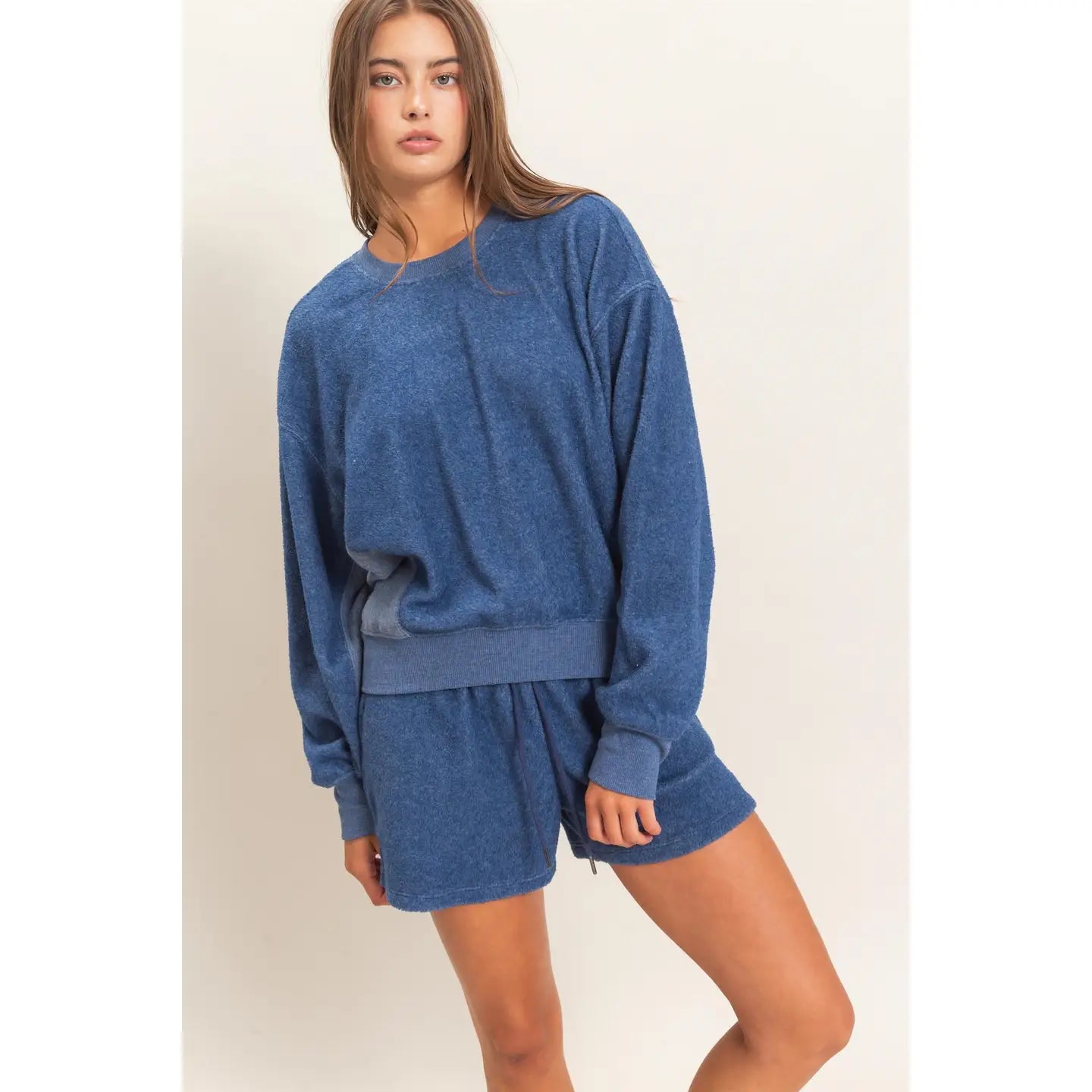 Contrast Sweatshirt & Shorts Set (Navy)