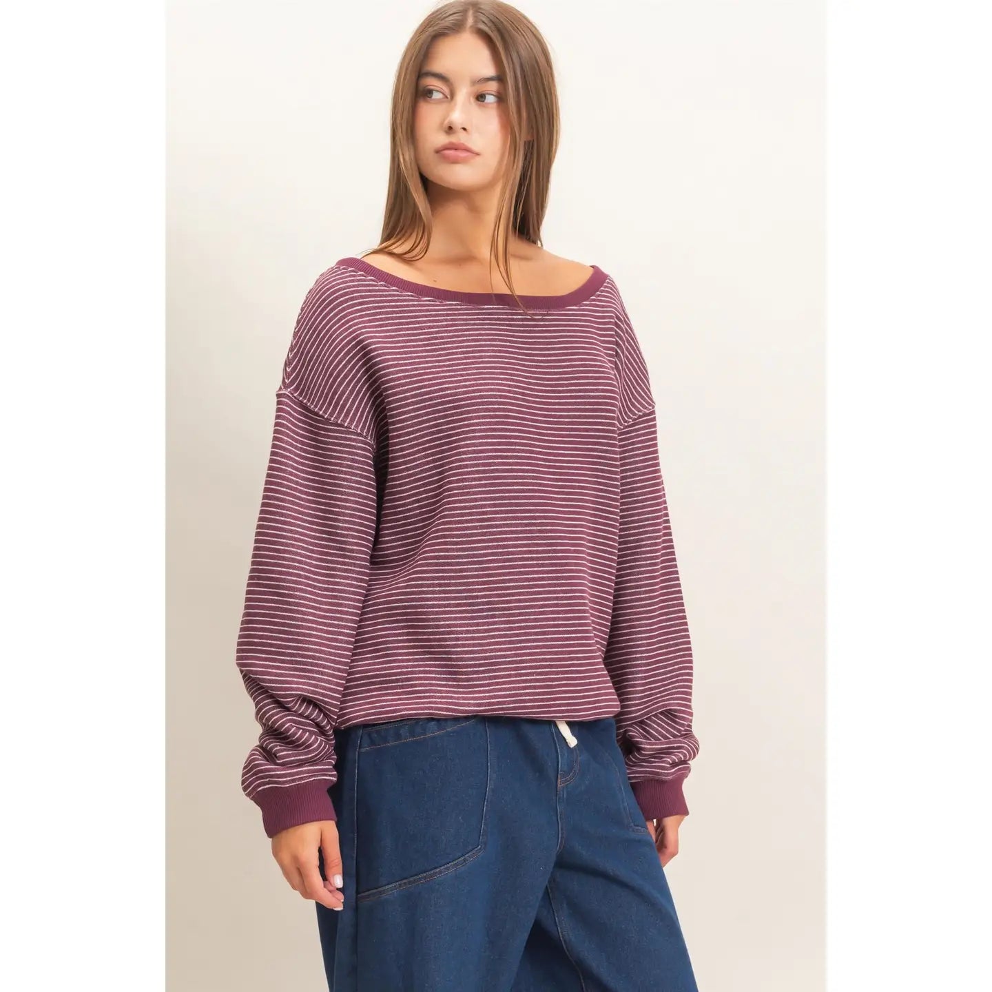 Striped Off the Shoulder Sweatshirt (Dark Cherry)