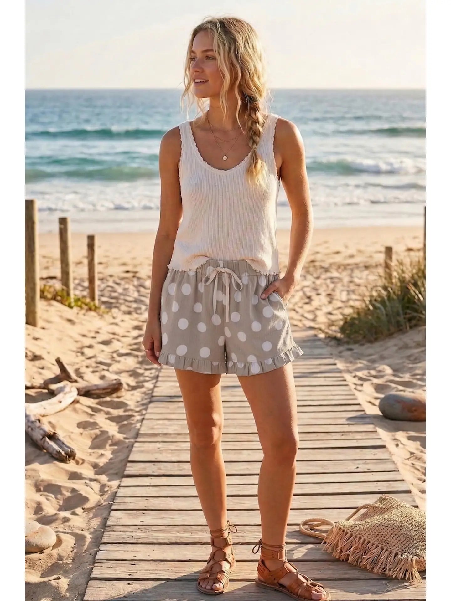 Polka Dot Ruffle Hem Full Lined Drawstring Shorts (Stone)