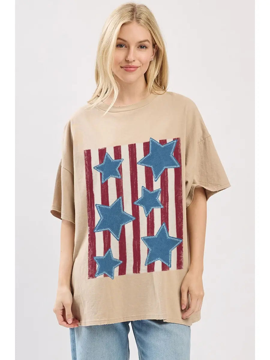 Puff Denims Stars W/Striped Graphic Seamless Box Tee (Tan)