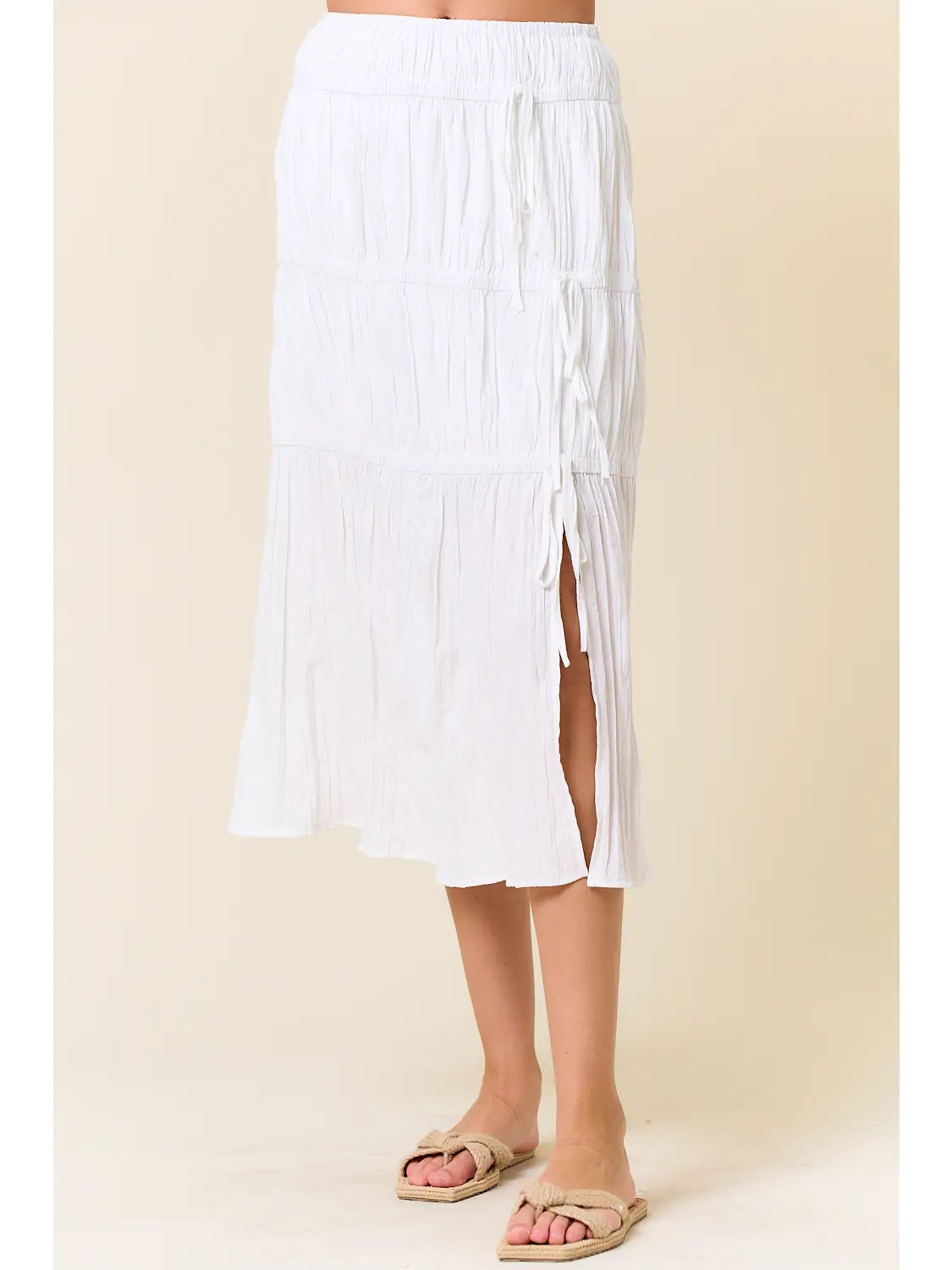 Crinkled Woven Tiered Bow Trimmed Midi Skirt 🤍