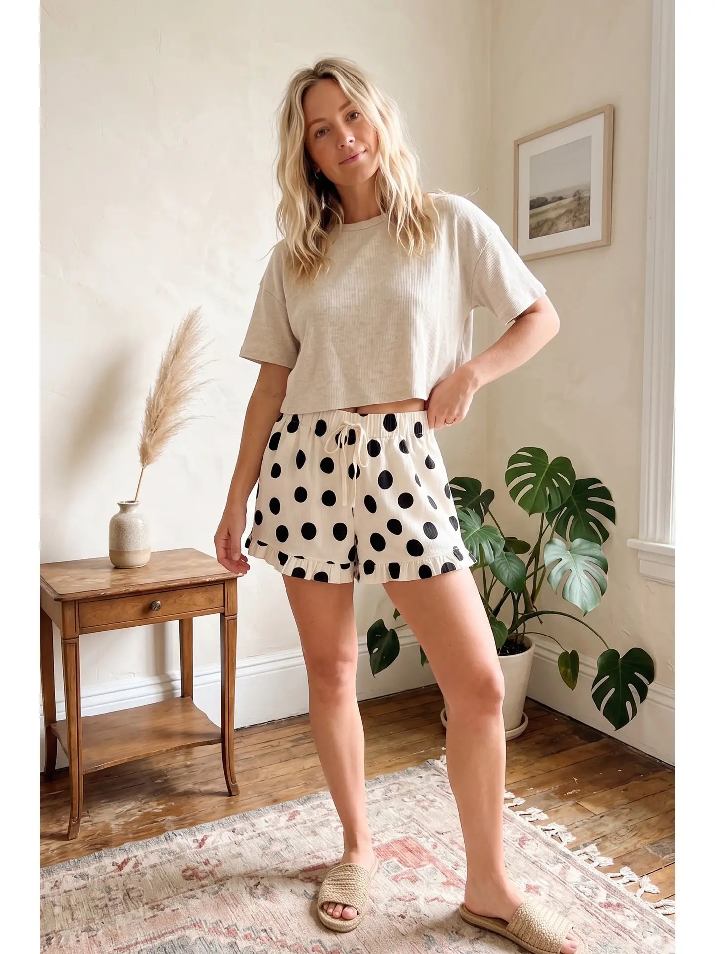 Polka Dot Ruffle Hem Full Lined Drawstring Shorts (Cream/Black)