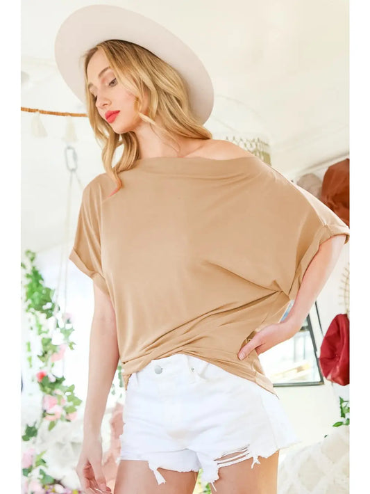 Boat Neck Short Sleeves Oversized Knit Top (Taupe)