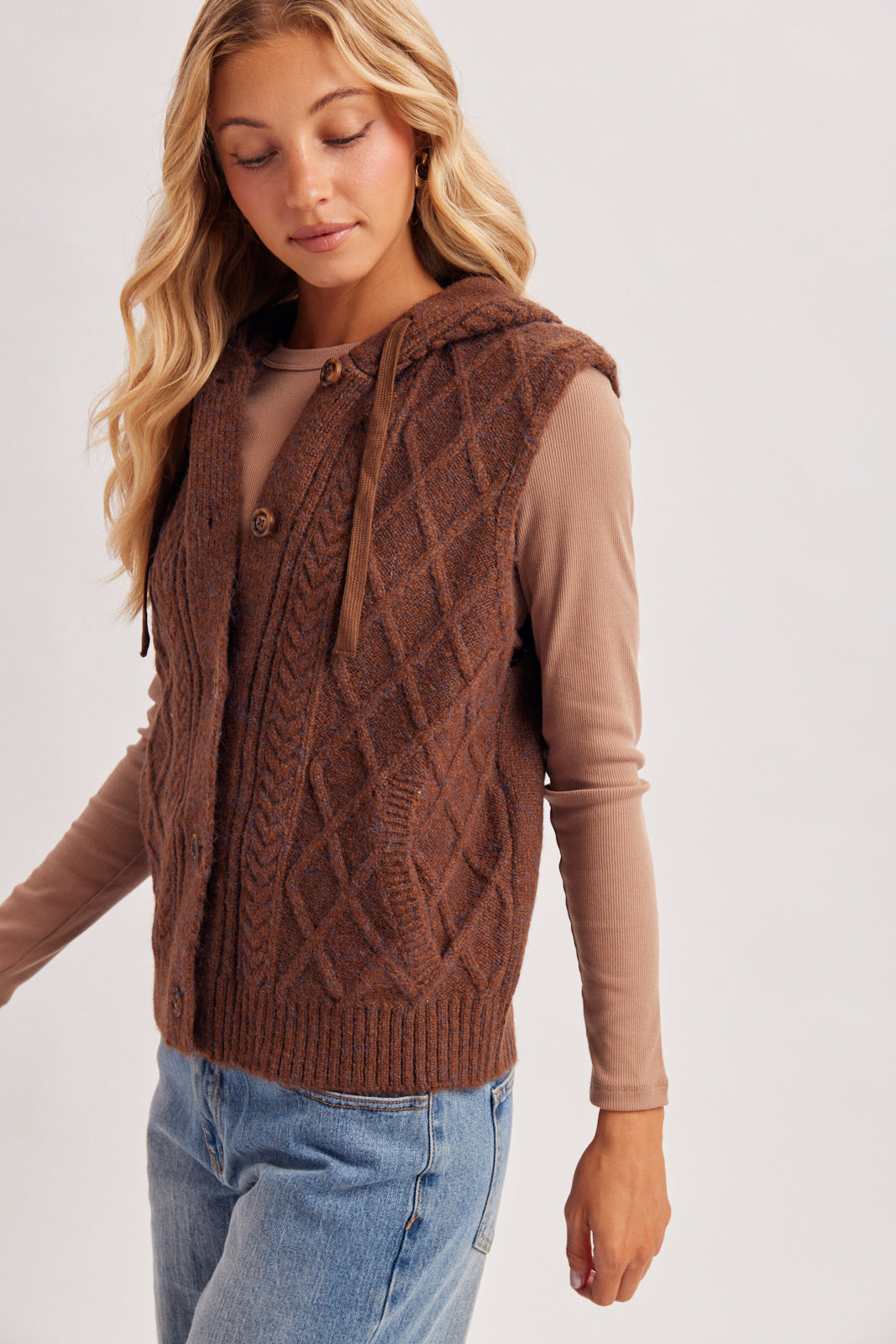 Button Down Hooded Cable Knit Sweater Vest 🤎