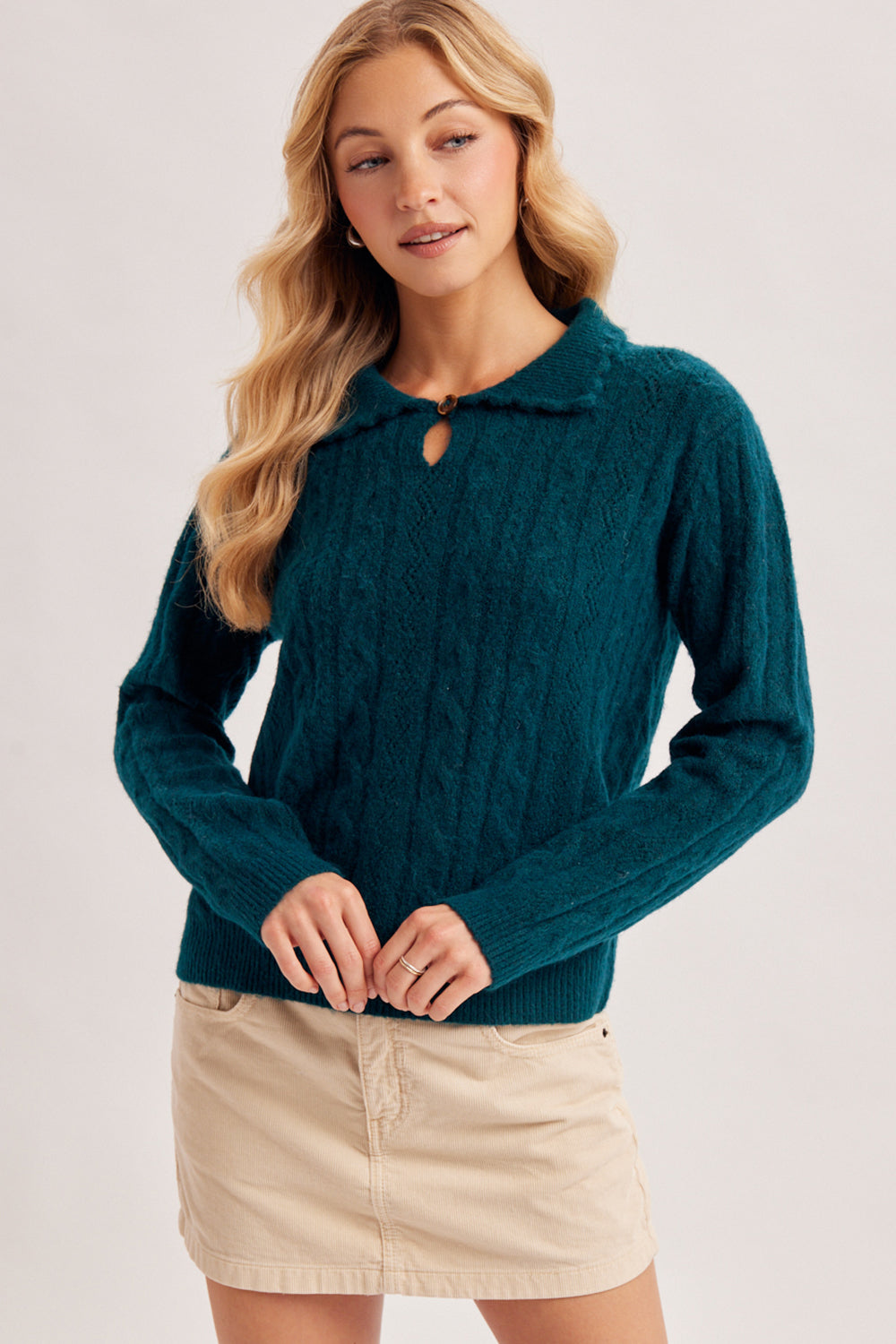 Keyhole Fuzzy Cable Knit Sweater