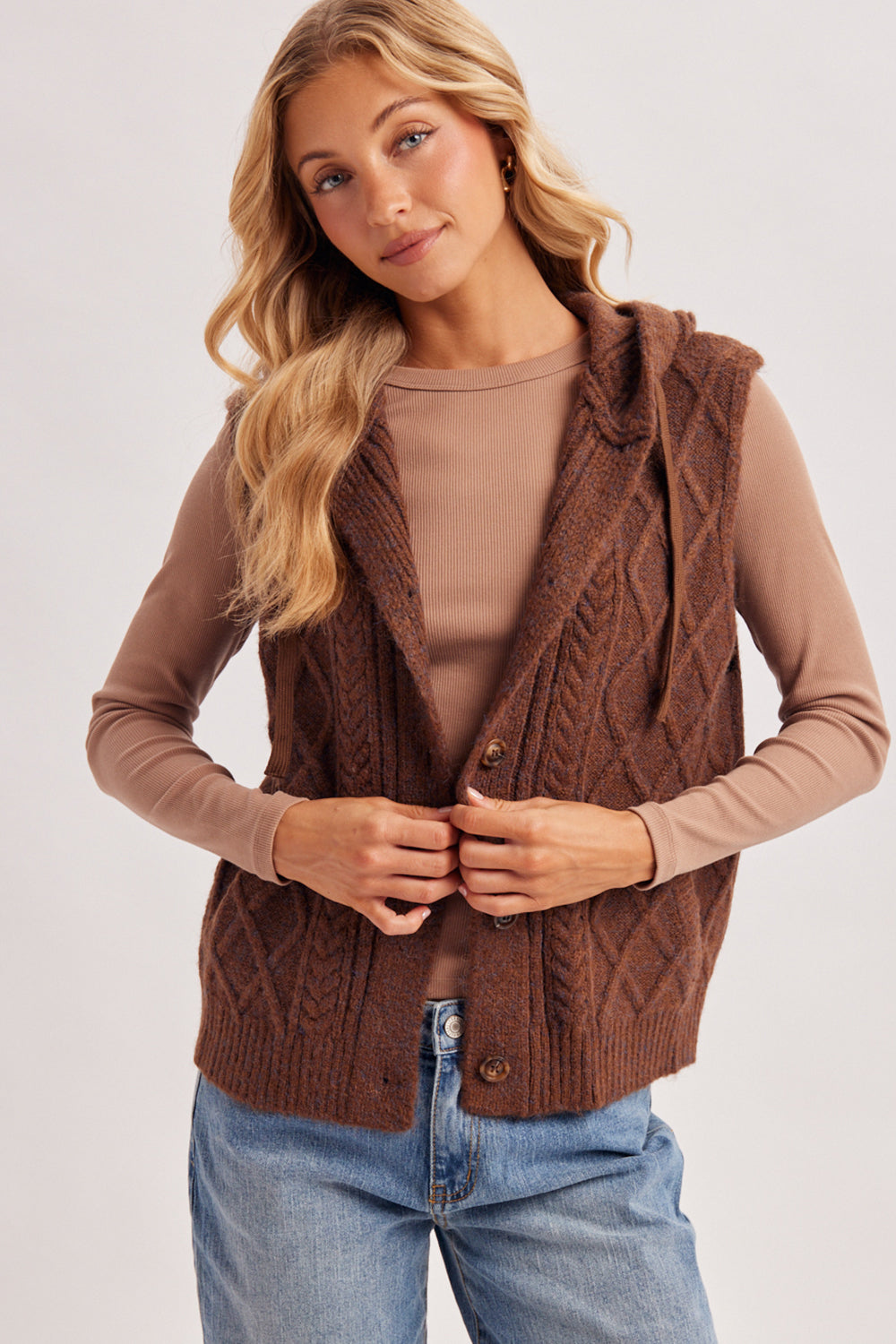 Button Down Hooded Cable Knit Sweater Vest 🤎