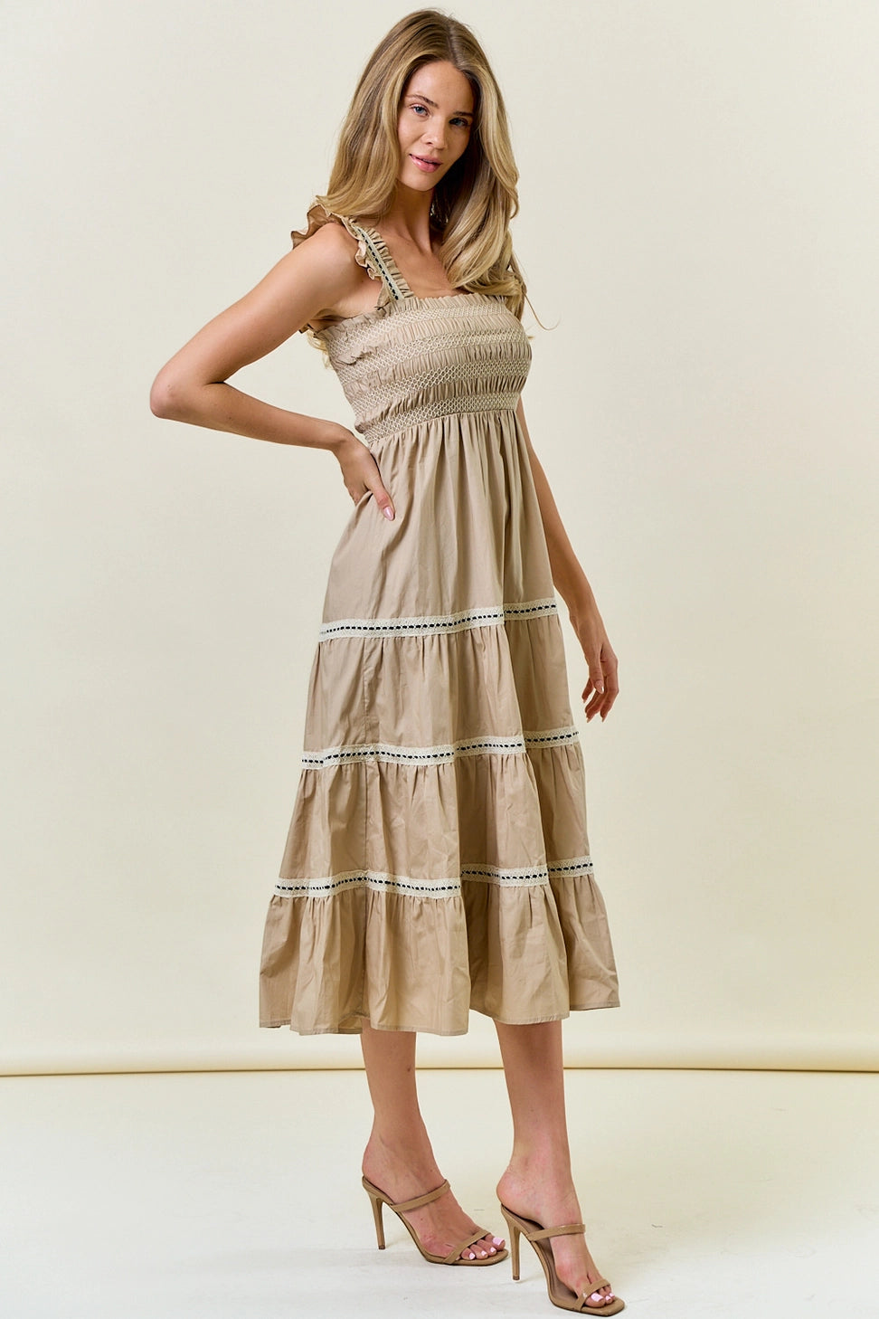 Smocked Ruffle Cap Sleeve Tiered Maxi Dress