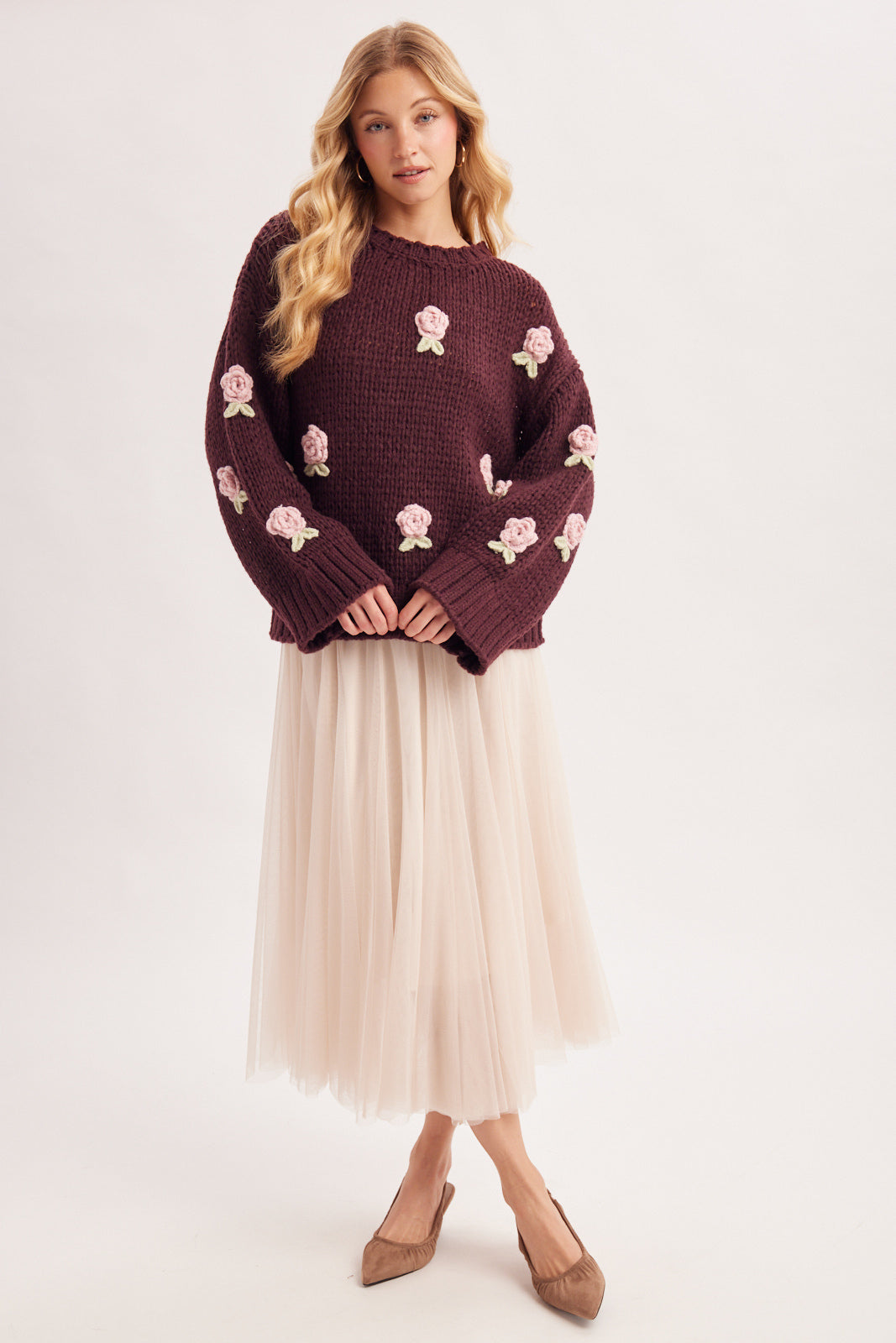 3D Crochet Rosette Chunky Knit Sweater 🩷