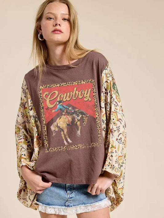Western Cowboy Leopard Graphic Rustic Sheer Sleeves Kaftan