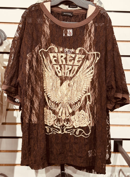 Free Bird Vintage Graphic Sheer Lace Tee