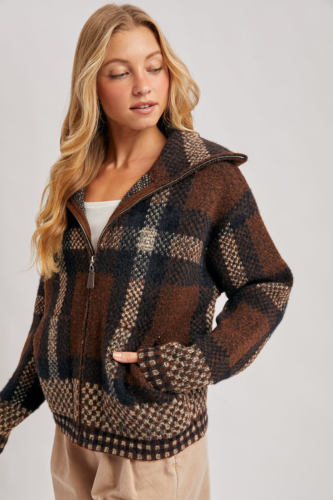 Plaid Zipper Fuzzy Knit Sweater Jacket