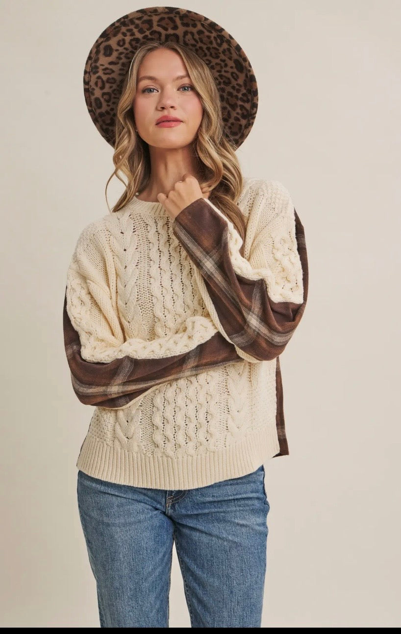 Woodland Plaid Back Mixed Media Cable Knit Sweater Top (Cream/Mocha)