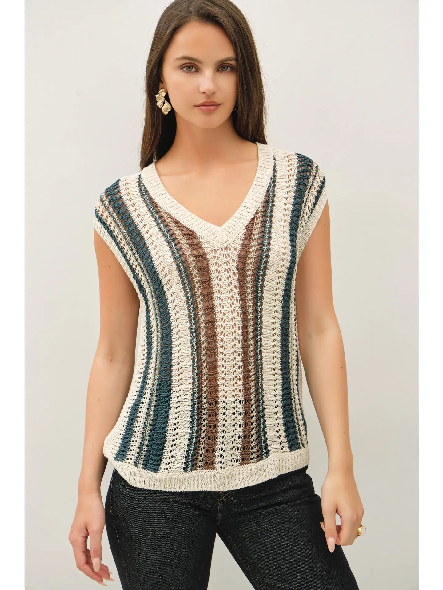 Mixed Metallic Yarn Striped Hand Craft Crochet Knit Vest 💚