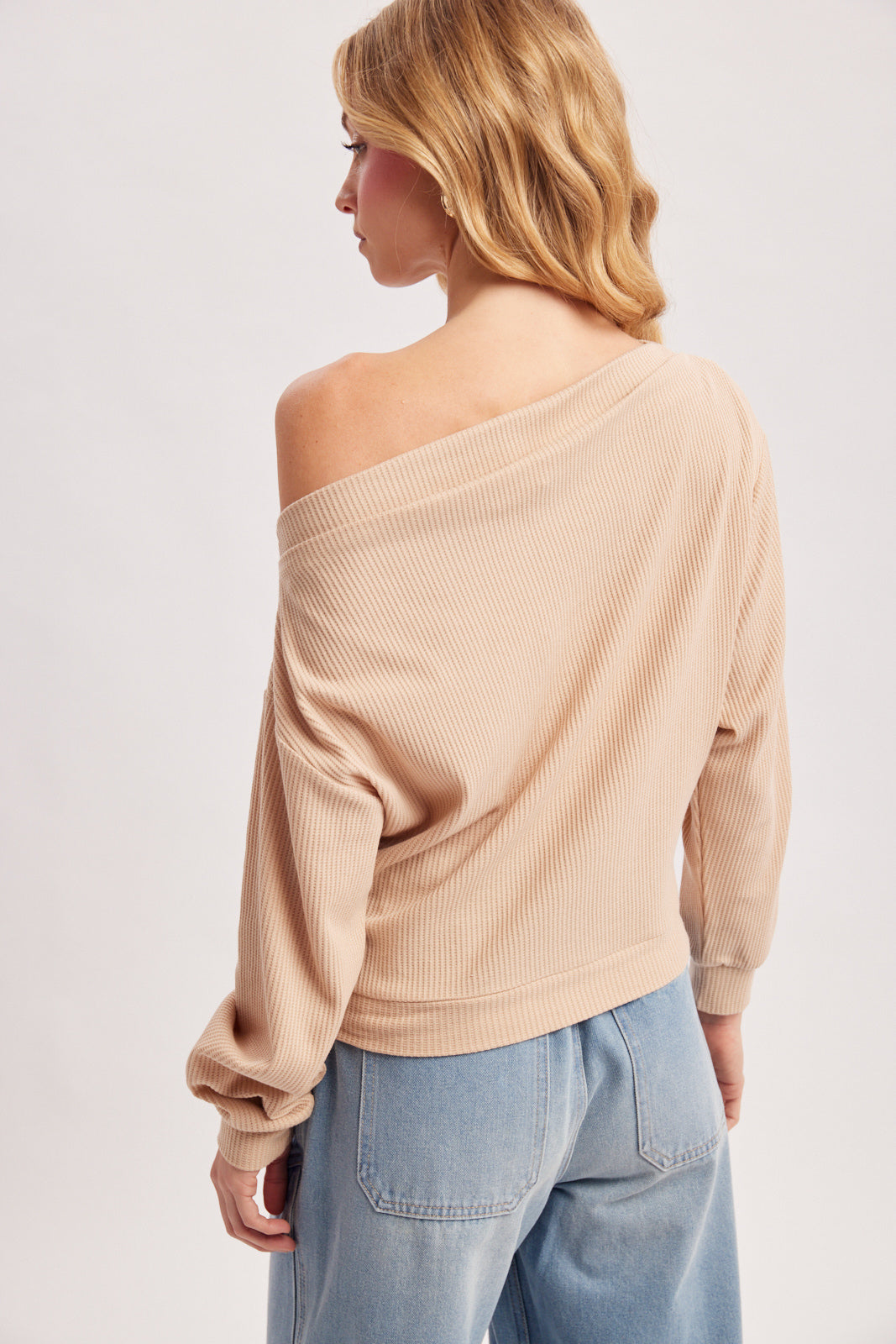 One Shoulder Waffle Knit Slouchy Top (Beige)