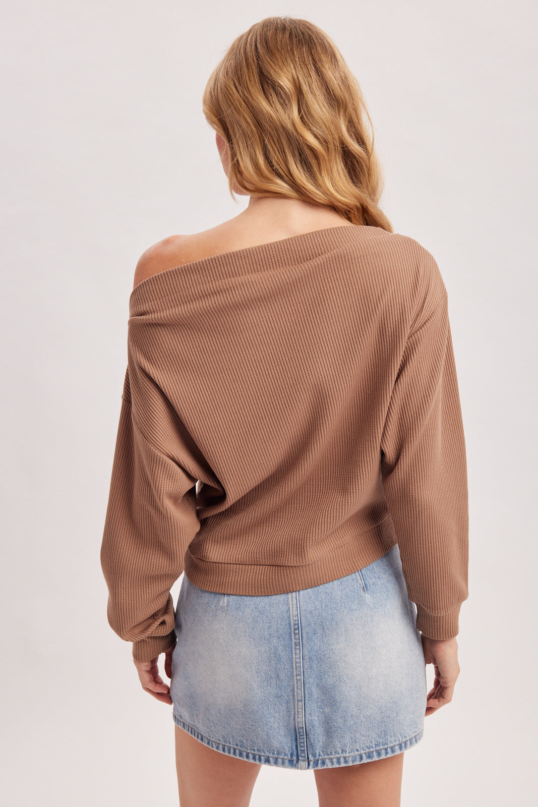 One Shoulder Waffle Knit Slouchy Top (Latte)