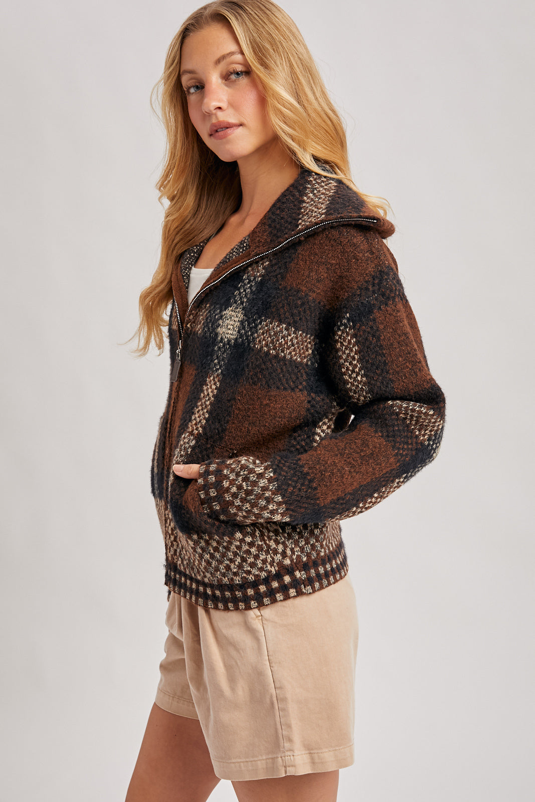 Plaid Zipper Fuzzy Knit Sweater Jacket