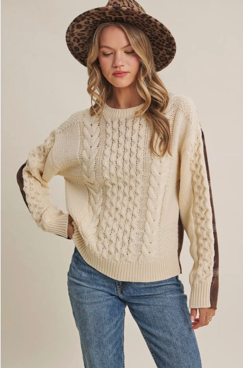 Woodland Plaid Back Mixed Media Cable Knit Sweater Top (Cream/Mocha)