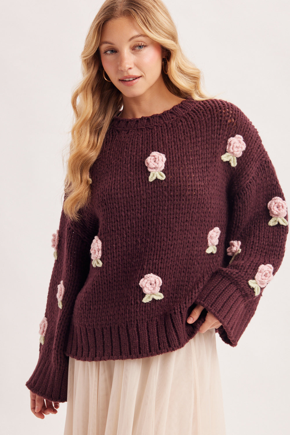 3D Crochet Rosette Chunky Knit Sweater 🩷