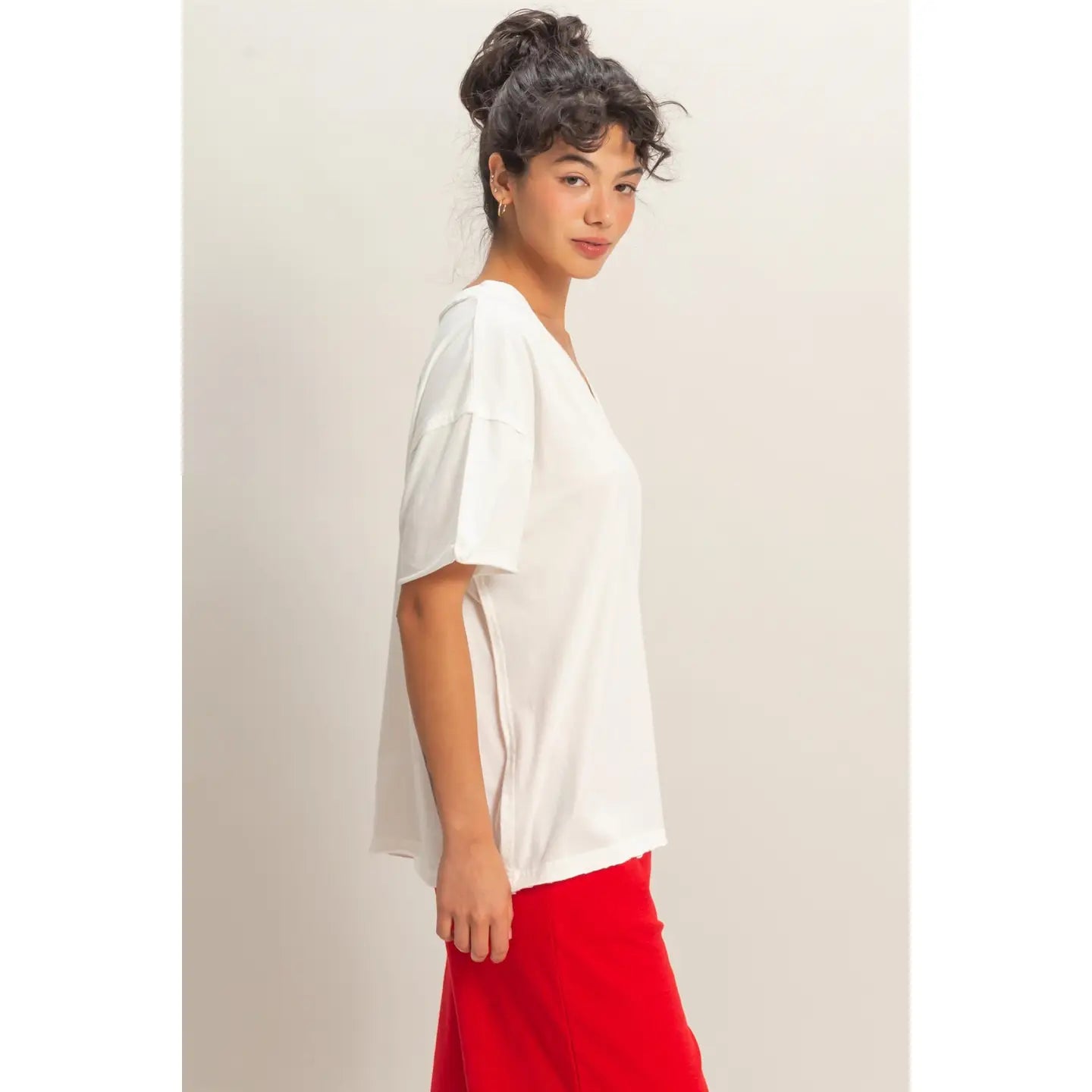 Washed V-Neck Oversized Tee (White)