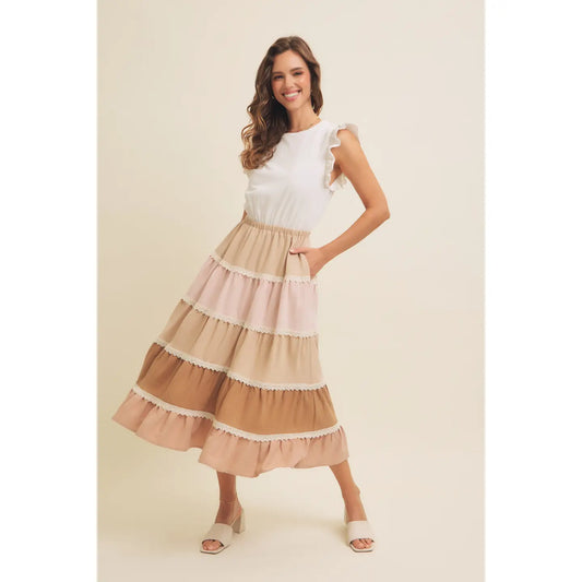 Vanilla Latte Tiered Color-Block Lace Ruffle Midi Dress 🤍