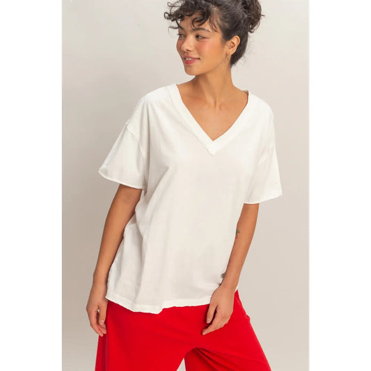 Washed V-Neck Oversized Tee (White)