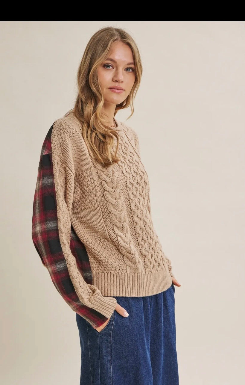 Woodland Plaid Back Mixed Media Cable Knit Sweater Top (Taupe/Red)