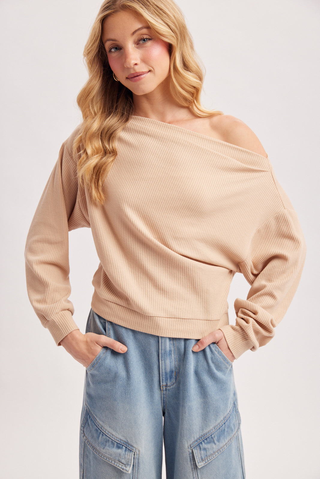 One Shoulder Waffle Knit Slouchy Top (Beige)