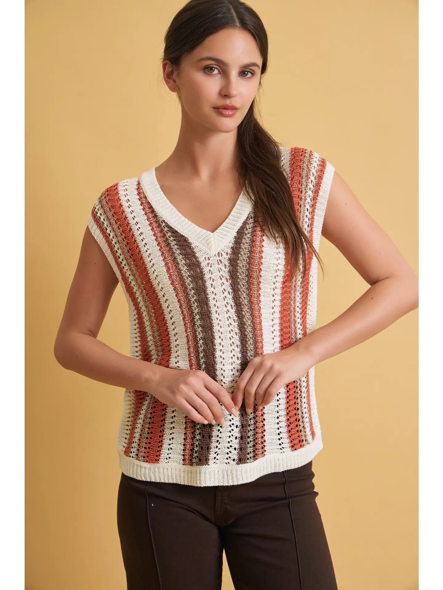 Mixed Metallic Yarn Striped Hand Craft Crochet Knit Vest 🧡