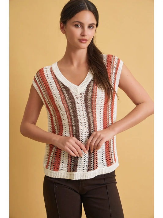 Mixed Metallic Yarn Striped Hand Craft Crochet Knit Vest 🧡