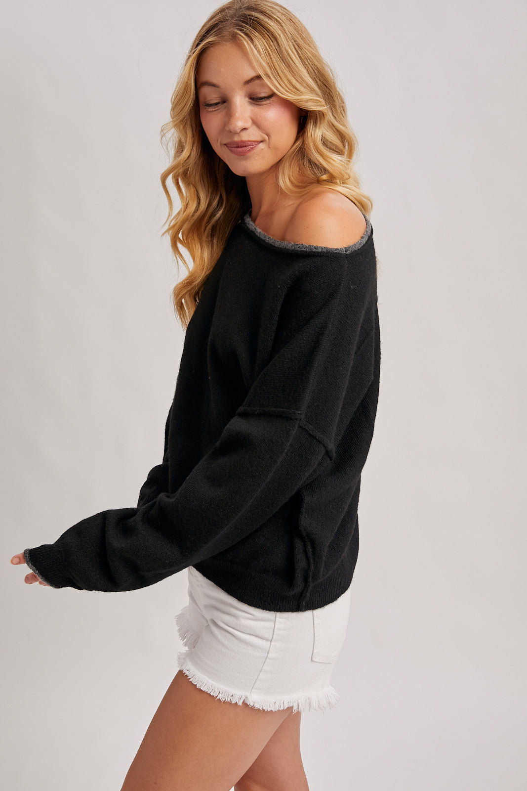 Boatneck Rolled Trim Heathered Knit Pullover