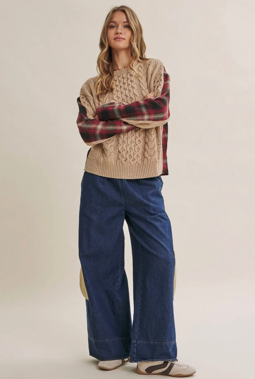 Woodland Plaid Back Mixed Media Cable Knit Sweater Top (Taupe/Red)