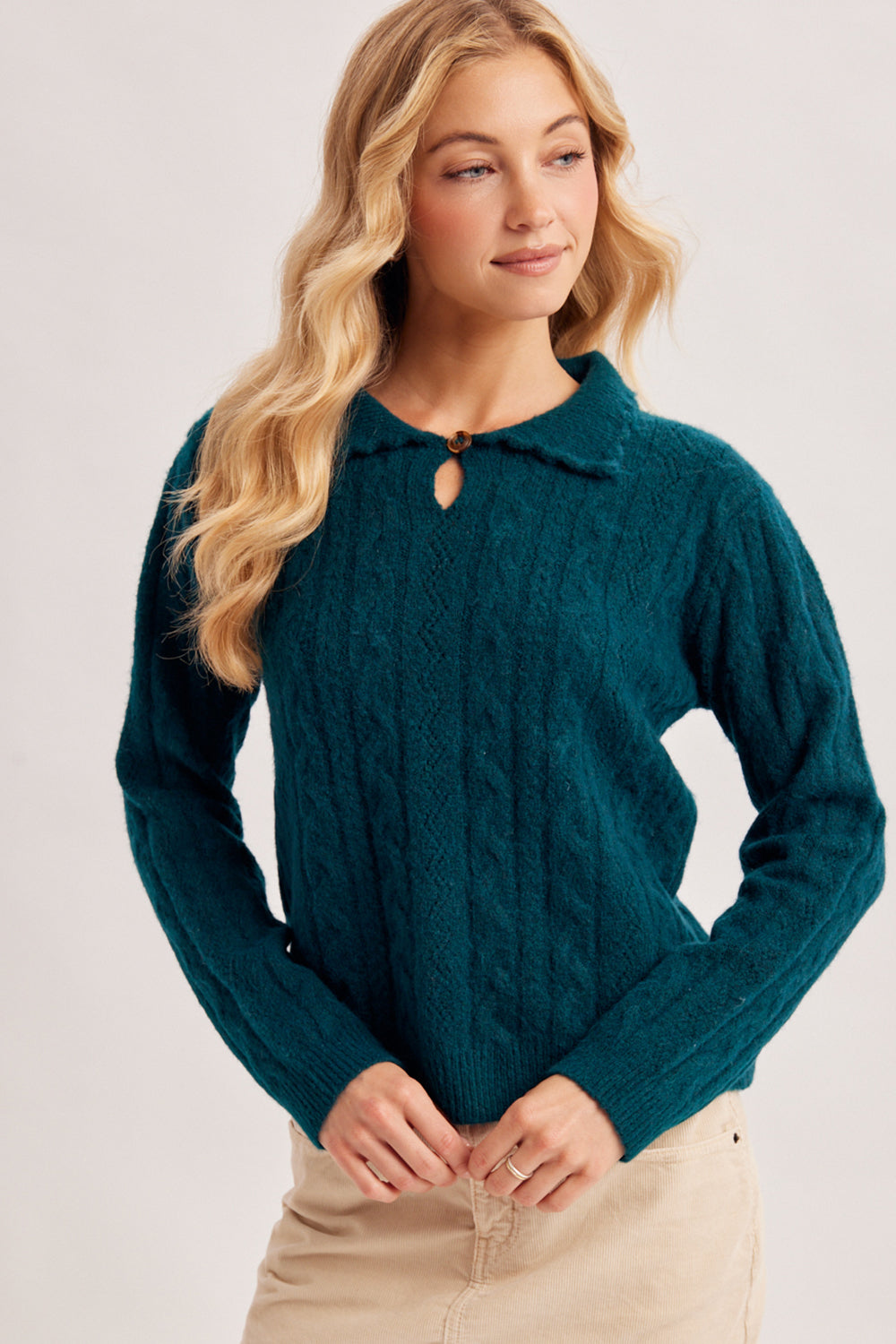 Keyhole Fuzzy Cable Knit Sweater