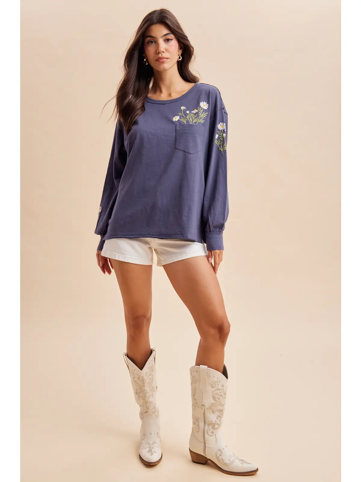 Embroidered Long Sleeve Pullover (Charcoal Denim)