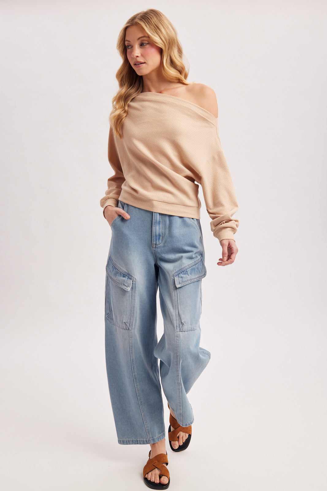 One Shoulder Waffle Knit Slouchy Top (Beige)