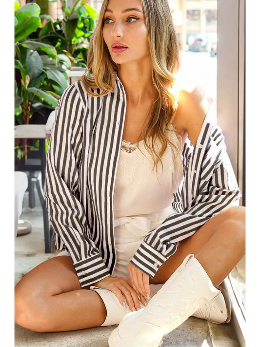 Cotton Striped Shirt Top (Black) 🖤