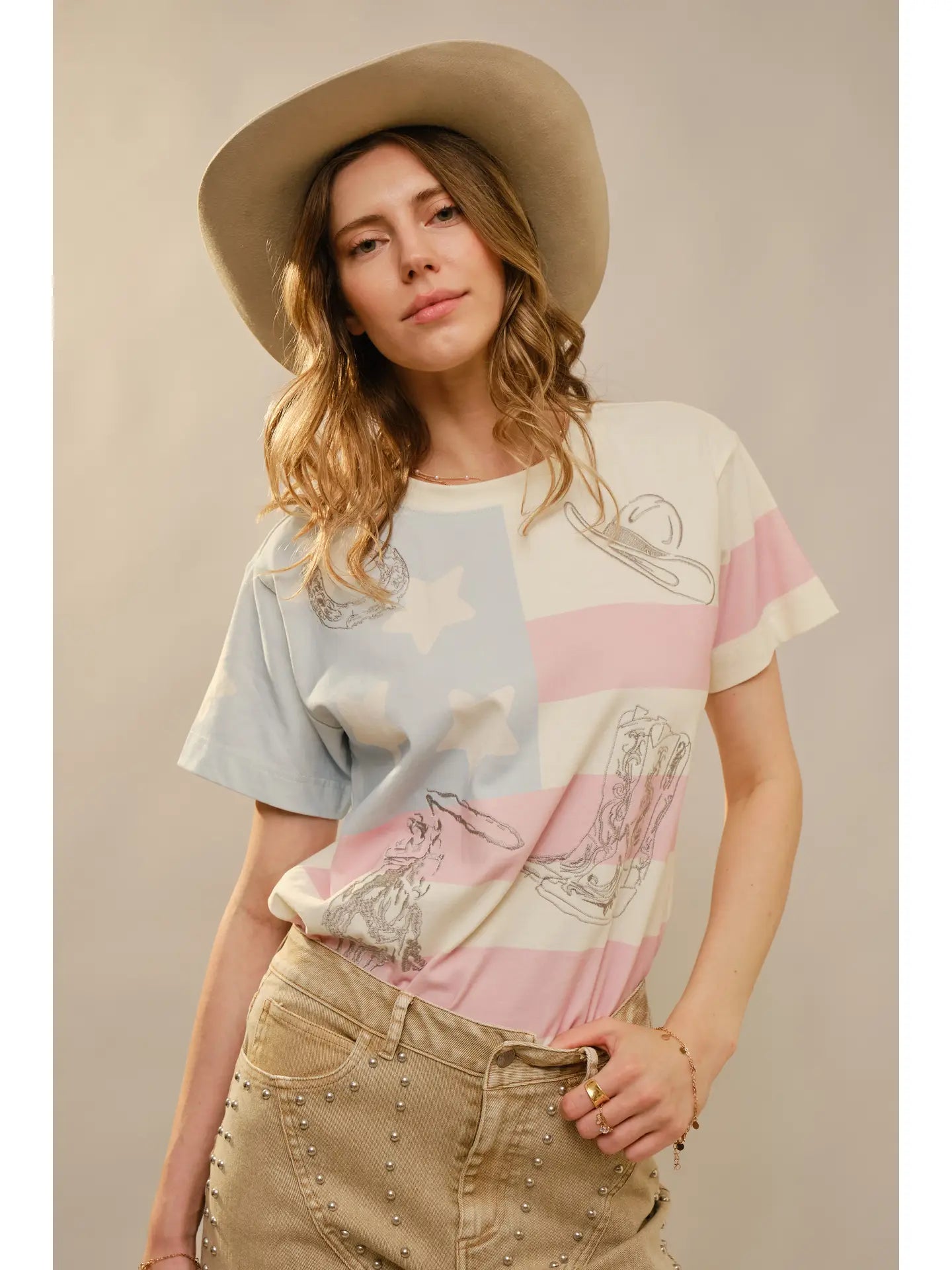 Western Flag Embroidery Crewneck Top ❤️💙