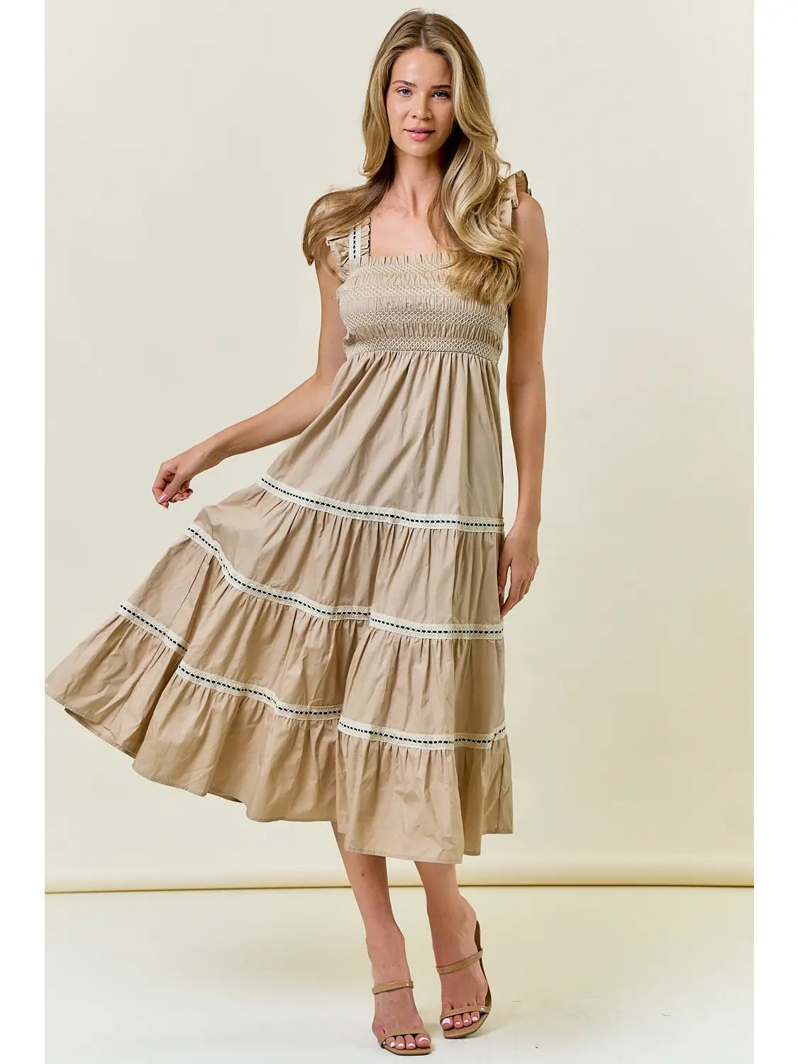Smocked Ruffle Cap Sleeve Tiered Maxi Dress