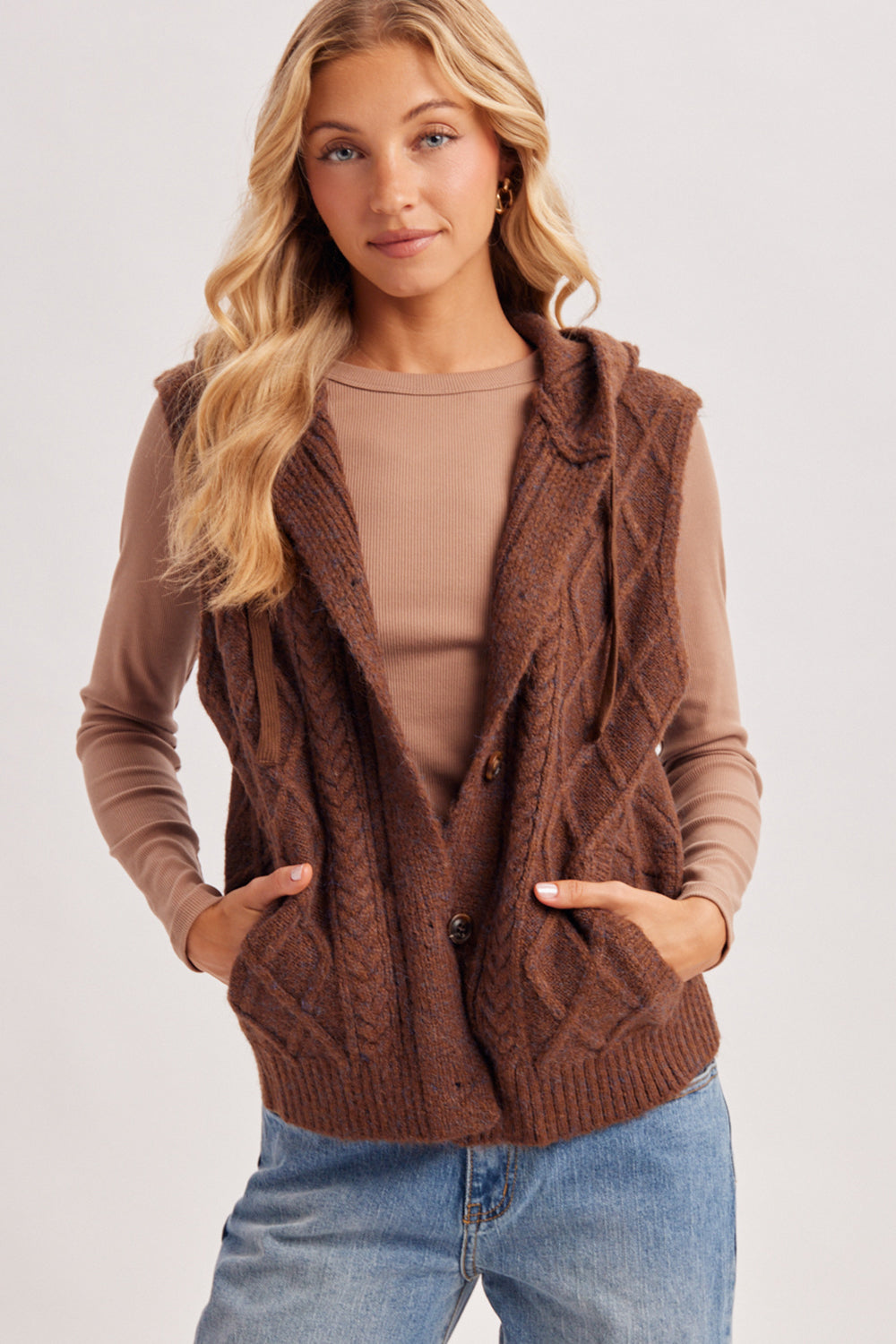 Button Down Hooded Cable Knit Sweater Vest 🤎