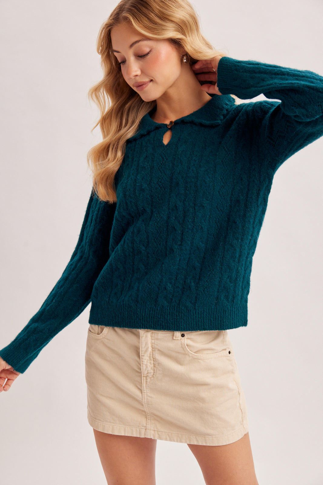Keyhole Fuzzy Cable Knit Sweater