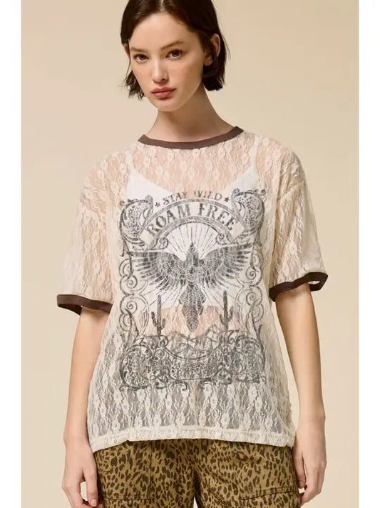 Roam Free Vintage Graphic Sheer Lace Tee