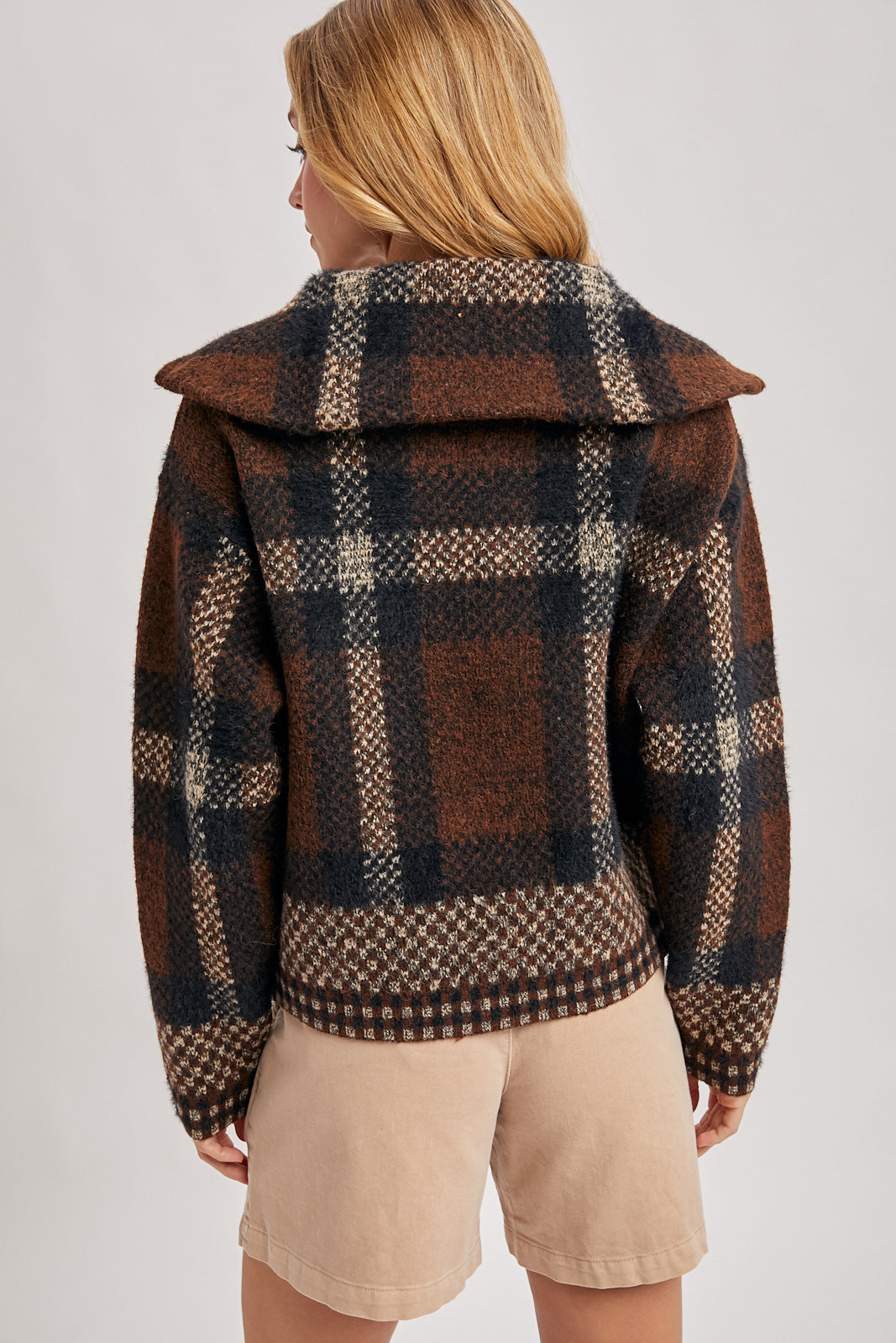 Plaid Zipper Fuzzy Knit Sweater Jacket