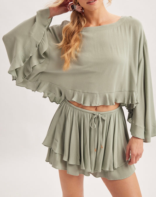 Billowy Bell Sleeve Ruffle Hem Top ✨