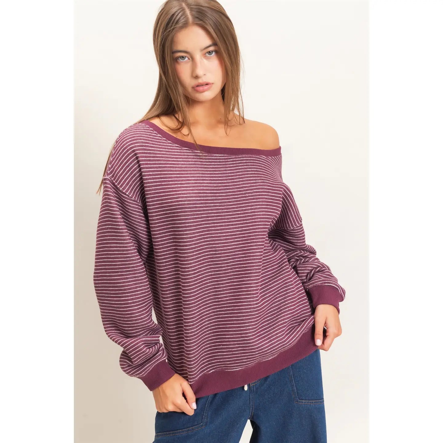 Striped Off the Shoulder Sweatshirt (Dark Cherry)