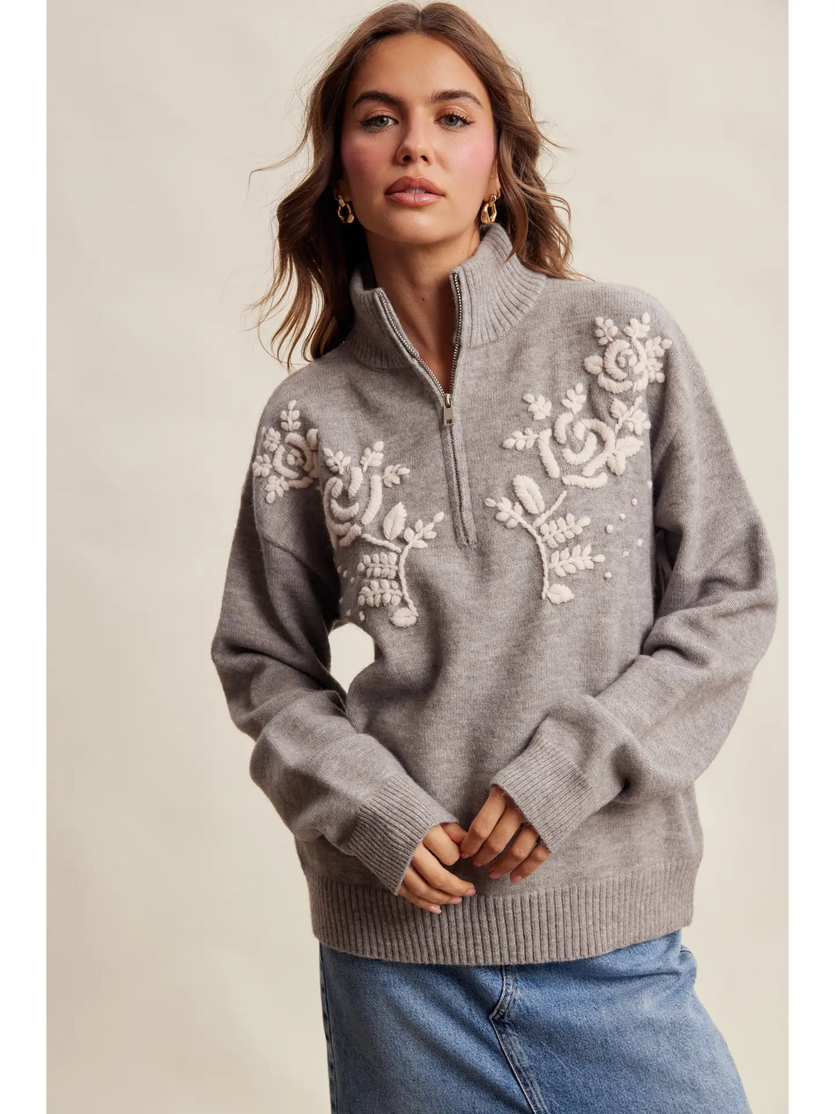Floral Embroidered Quarter-Zip Sweater 🩶
